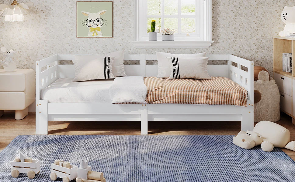 Tagesbett, ausziehbares Bett, aus massivem Kiefernholz, mit zweiter Schlafmöglichkeit und Lattenrost, herzförmiges Bett, weiß – Detail 11