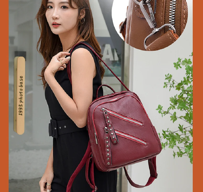 New Women Fashion Retro Rivet Soft Leather Backpack Casual High Capacity Multifunctional Travel Shoulder Bags Laptop School Bag