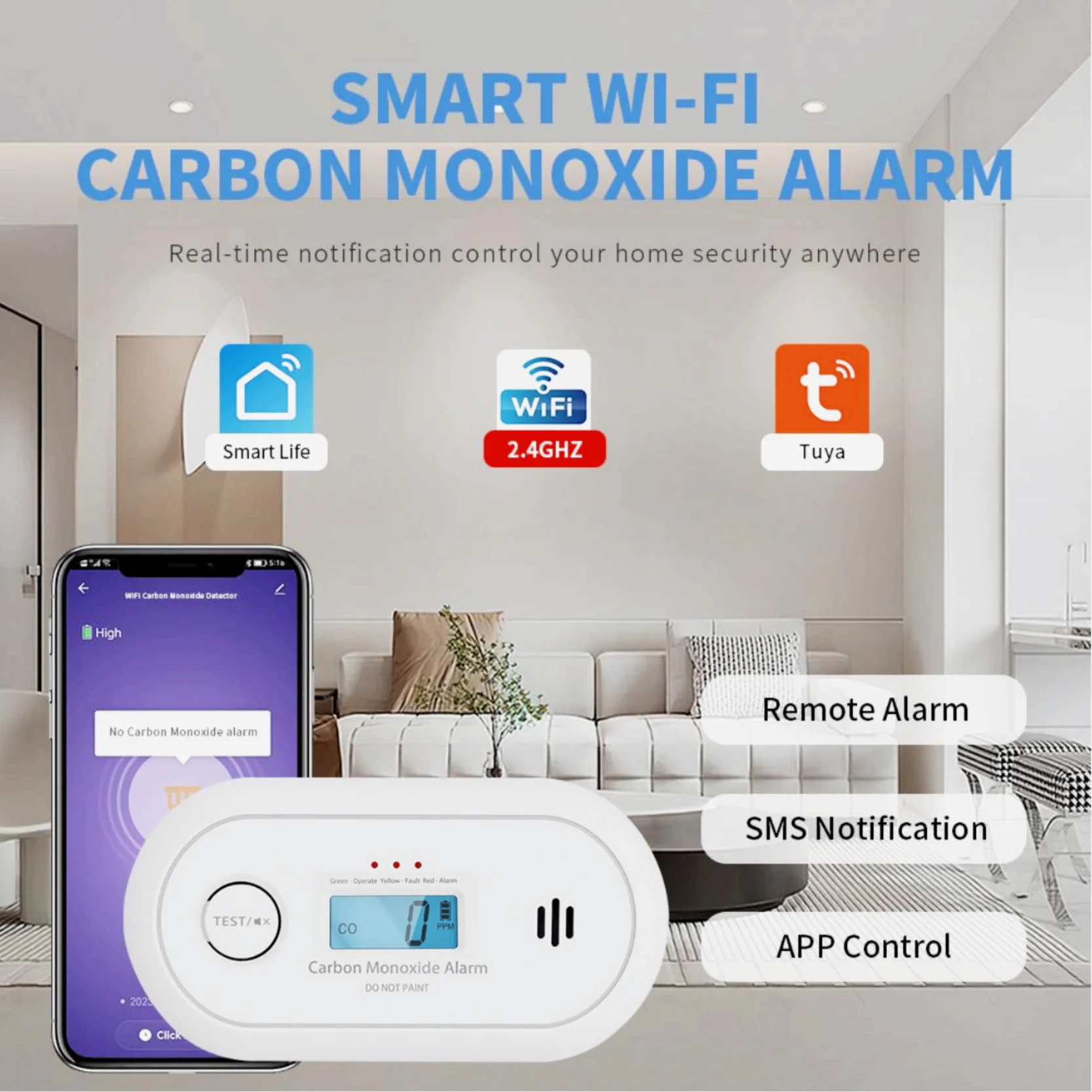 Carbon Monoxide Detector with Tuya Smart App, WiFi 2.4GHz, 5-Year Replaceable Battery, EN50291-1:, VC22WR