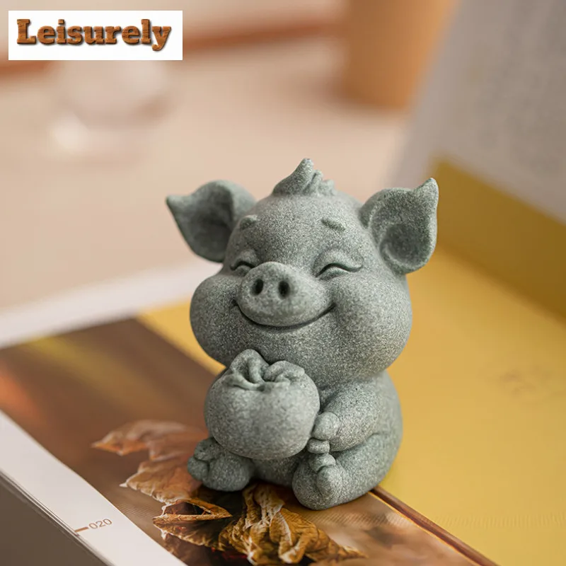Green Sand Stone Pig Persimmon Big Fortune Tea Pet Japanese Tea Spirit Tea Figurine Play Toys Tea Statue Ornaments Decoration