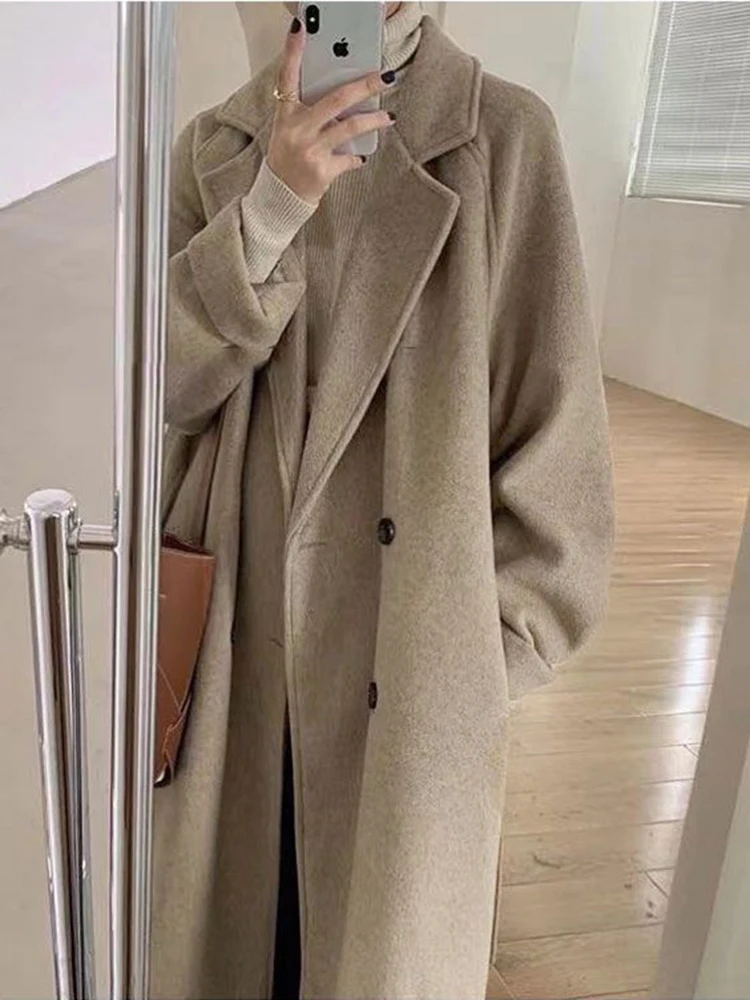 

Женское шерстяное пальто, зимняя утепленная длинная куртка, Повседневная модная ветровка, свободная верхняя одежда, Женская винтажная уличная одежда большого размера с отложным воротником