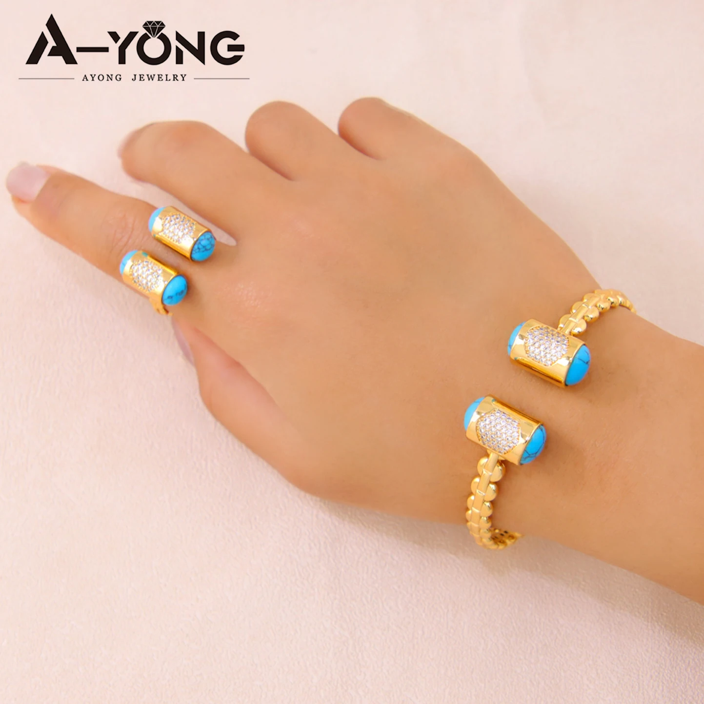 Arabisches Mode-Schmuckset: Türkis-Armband und Ring, 21k Vergoldet, Äthiopischer Eleganter Zirkonia-Armreif, Habesha Vintage-Schmuck für Frauen – Detail 3