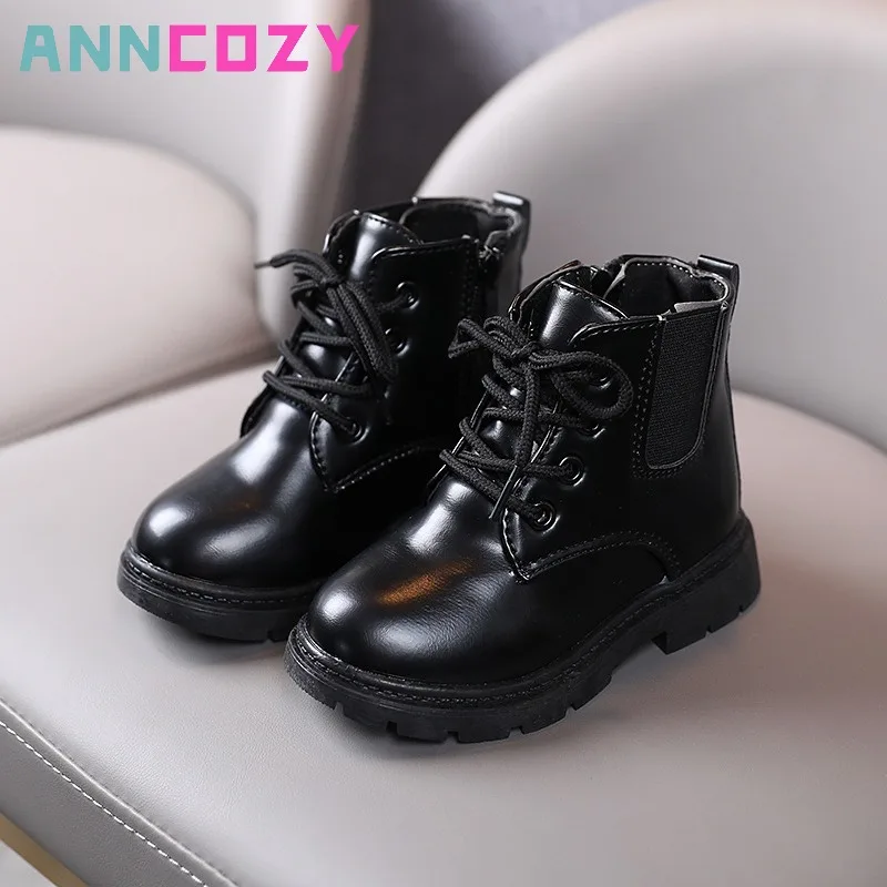 

2023 autumn new Children ankle boots girls black PU leather boots boys British style short boots baby buckle single shoes