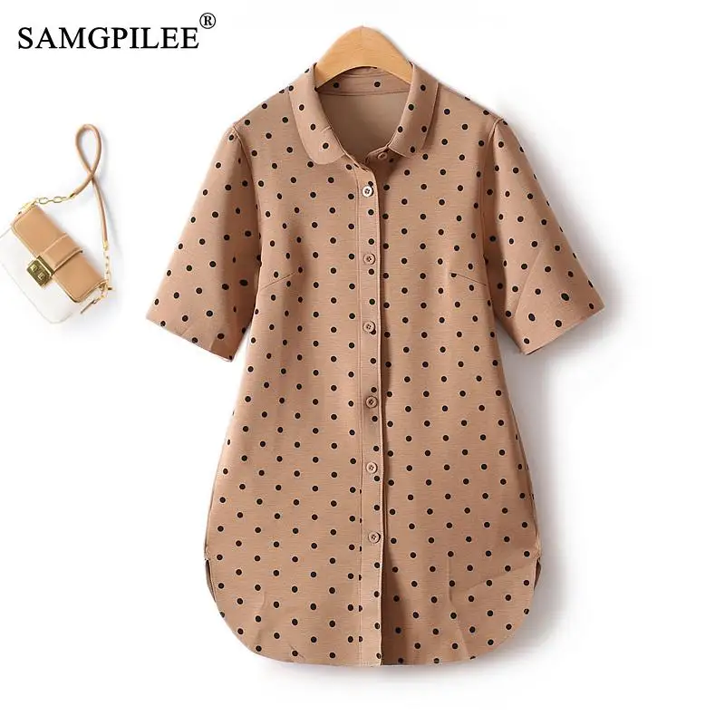 

Рубашки и блузки 2023 классический однобортный Кардиган волнистый хлопковый воротник поло средней длины прямые женские футболки