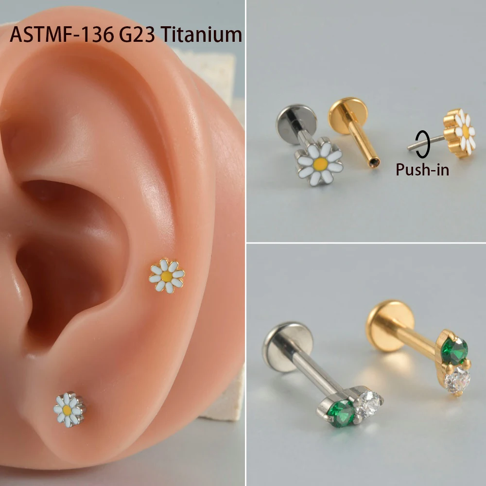 Серьга-гвоздик из титана G23 для пирсинга, без резьбы, с маргариткой, губой, козелка уха, завитка ушной раковины, ювелирное изделие для прокола рук, 1 шт.