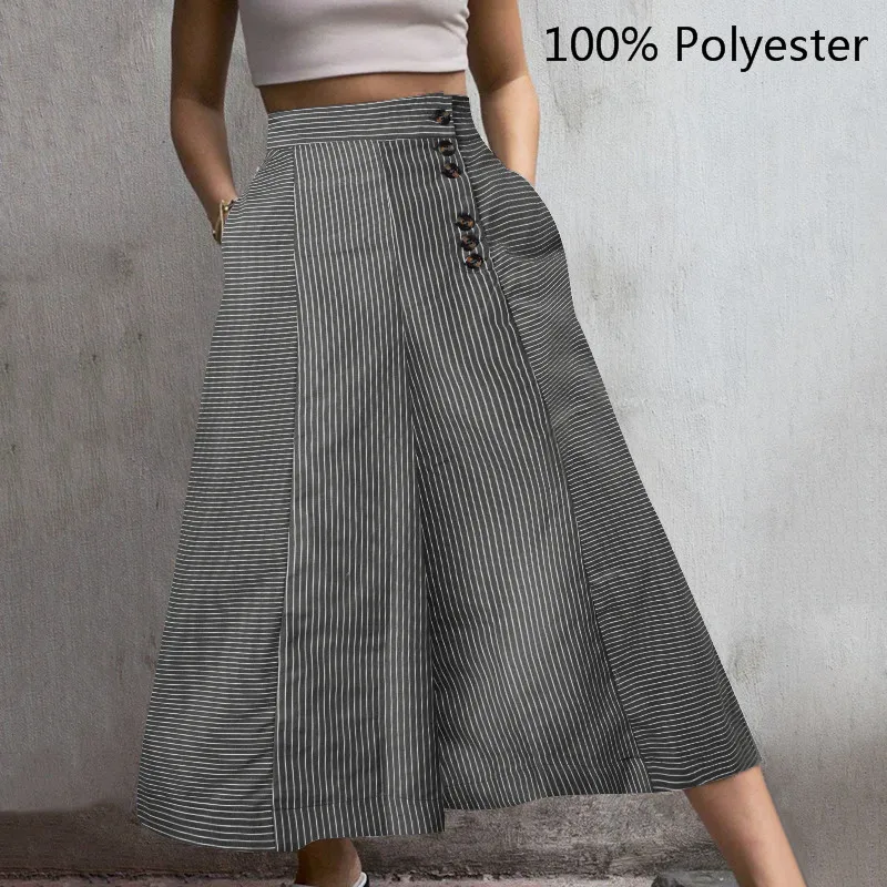 2021 Fashion Women High Waist Striped Pants Autumn Vintage Wide Leg Trousers Casual Buttons Loose Elegant   Pants women's fashion Pants & Capris