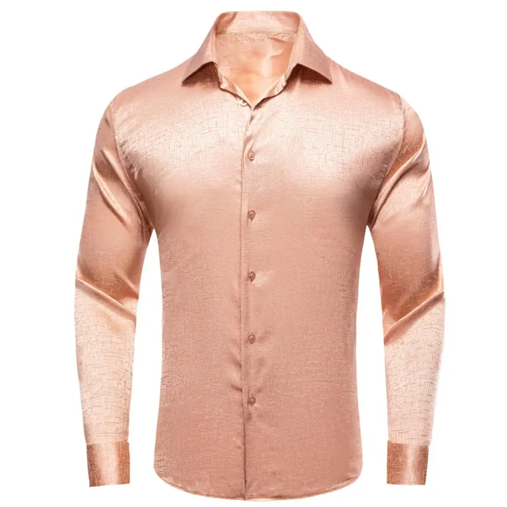 Hi-Tie Meat Pink Silk Mens Shirts Craquelure Casual Lapel Long Sleeve Male Blouse for Wedding Business Breathable Oversized Gift