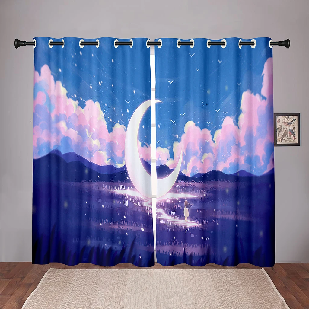 

Thick 2Pieces 90% Shading Luxury Moon Sky Cloud Star Blackout Window Curtains For Bedroom Living Room Bathroom Kicthen Door Hall