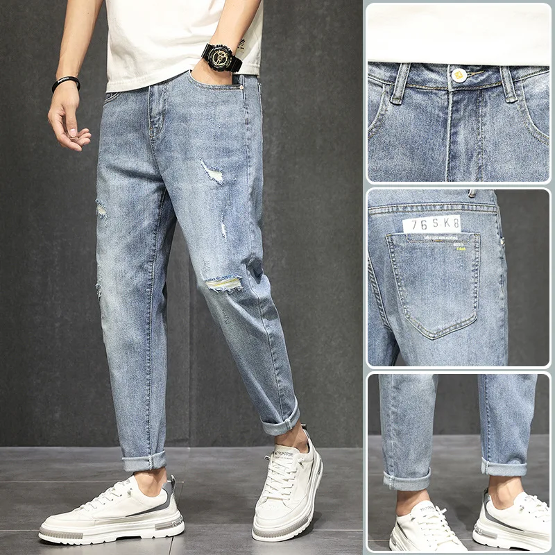 Pierced jeans men's spring and Autumn New Korean fashion small foot nine point pants straight autumn  handsome casual pants