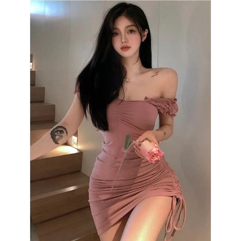 

Dresses Women Korean Style Sexy Ladies Summer Slash Neck Draw String Slim Solid Fashion Hot Sale All-match Female Chic Ulzzang