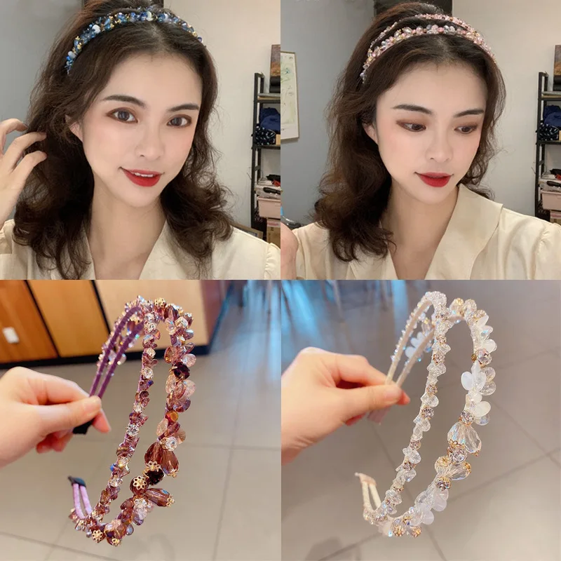 5 Colors 2-In-1 Korean Style Crystal Pearl Winding Hairband Braided Headband For Women Hollowed Out Girls Hair Accesorios