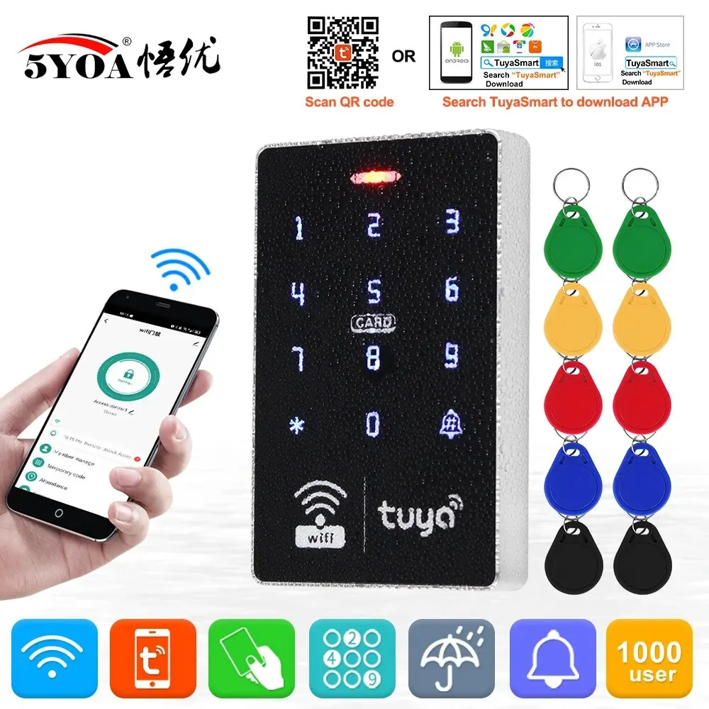 투야 접근 제어 앱 원격 스마트 문짝 잠금 장치, IP68 방수 키리스 키패드, 와이파이 독립형 EM RFID 카드, 문짝 엔트리, 5YOA S10W