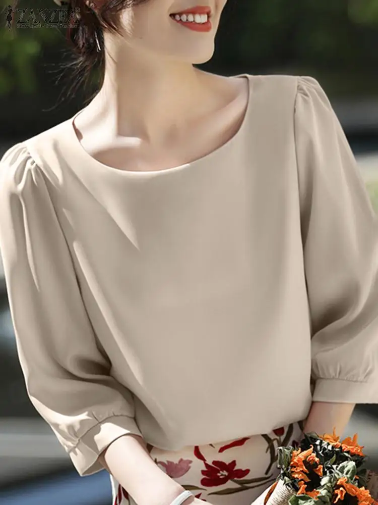 

2023 ZANZEA Summer Women Elegant OL Work Blouse Fashion O Neck 3/4 Sleeve Shirt Casual Solid Tunic Tops Femininas Party Blusas