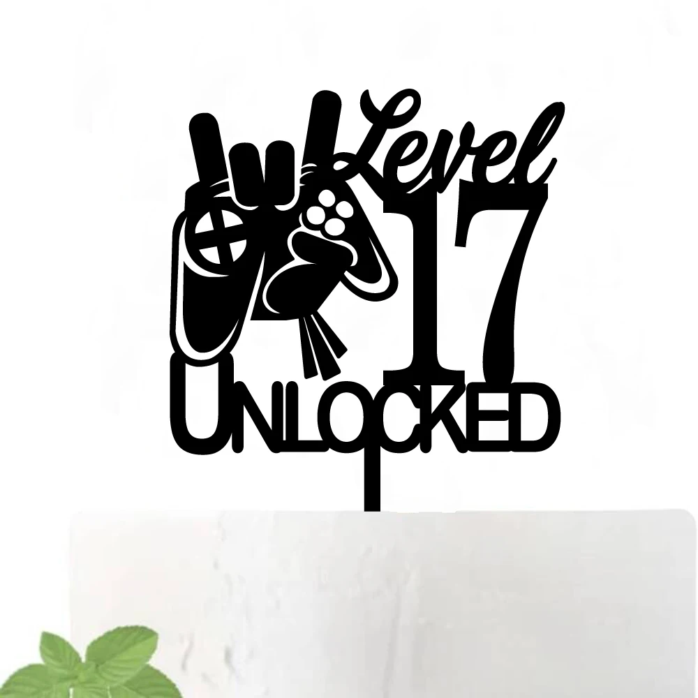 Video Game Level 17 Unlocked Birthday Cake Topper Acrylic Black Boys 10 12 13 14 15 16 Baby Shower Level Up Party Decoration