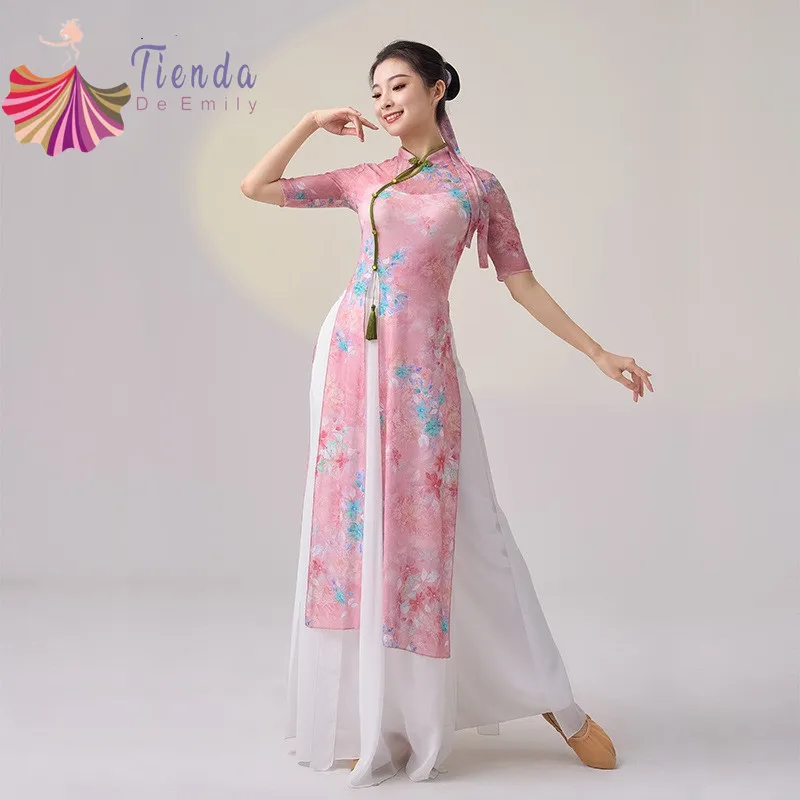 

Lady's Classical Dance Costume New Women Luxury Elegant Cheongsam Flowy Body Rhyme Chinese Folk Clothes Sexy Training Dress Pink