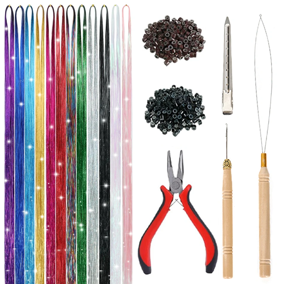 48 Inch Synthetic Hair Tinsel Kit With Tool 1200 strands Tinsel Hair Extensions 12 Colors Fairy Sparkling Shiny hair extensions