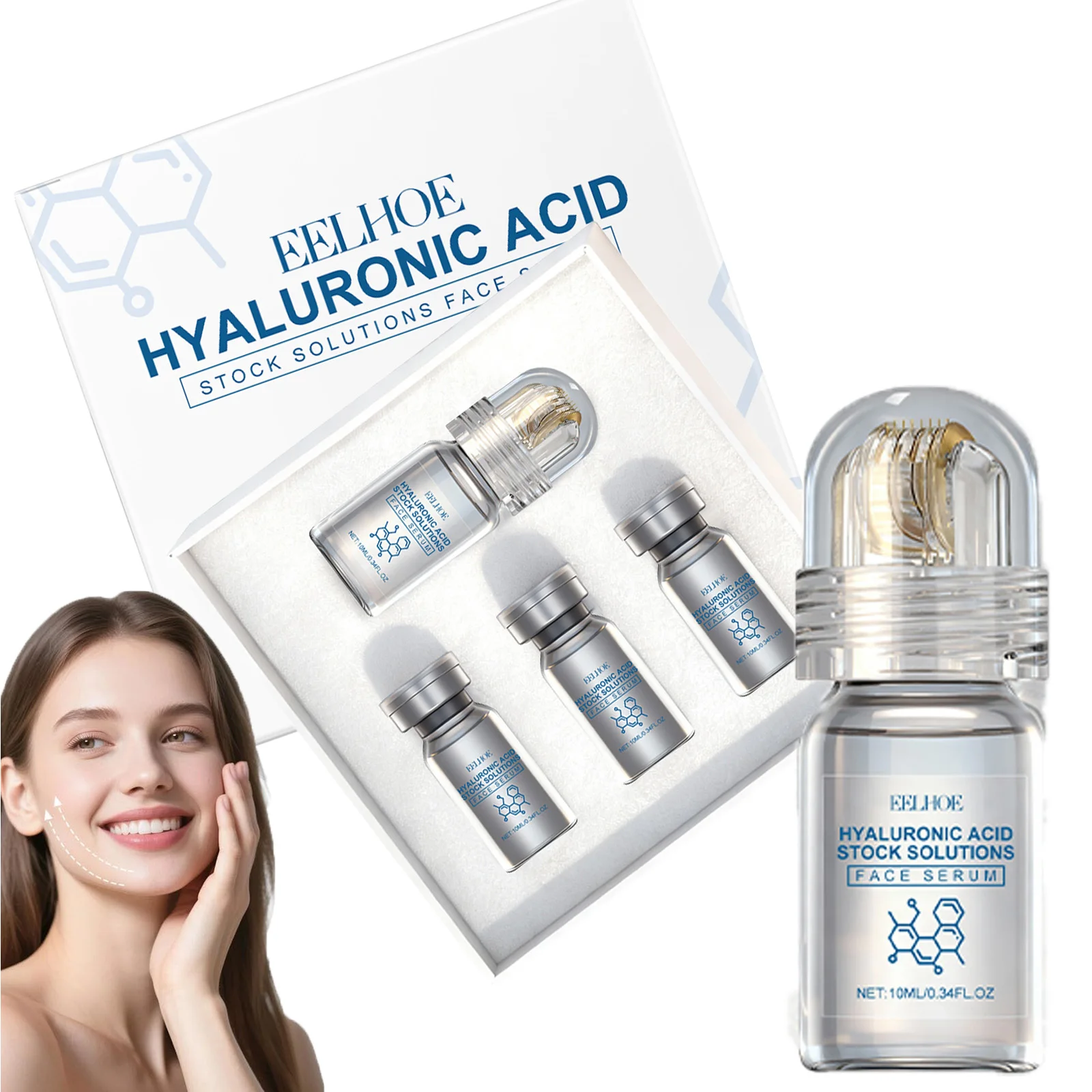 Sérum Visage à l'Acide Hyaluronique avec Rouleau Microneedle – Hydratant, Anti-rides, Lissant et Rafraîchissant