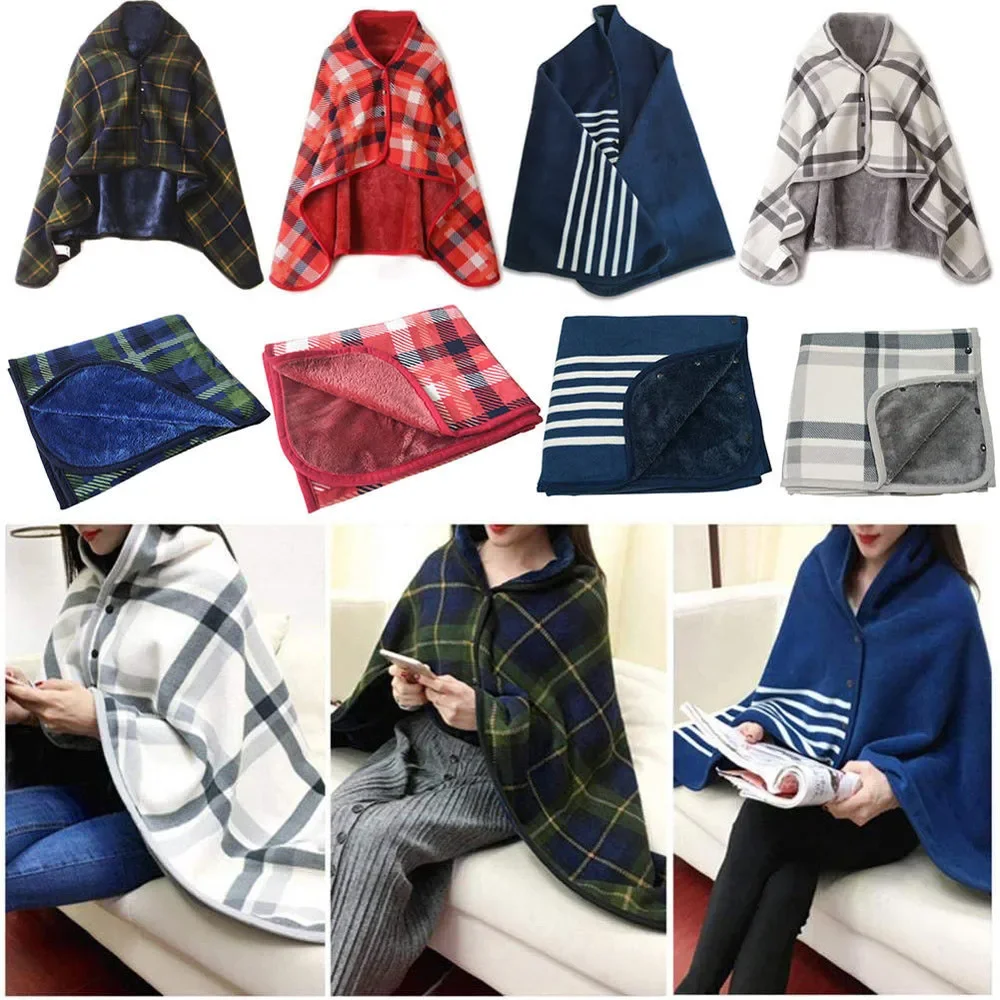Fleece Wearable Blanket, Plaid Lap Blanket Comfy Poncho Throw with Button Plaid Throw Cushion for Bed Sofa Office - 6