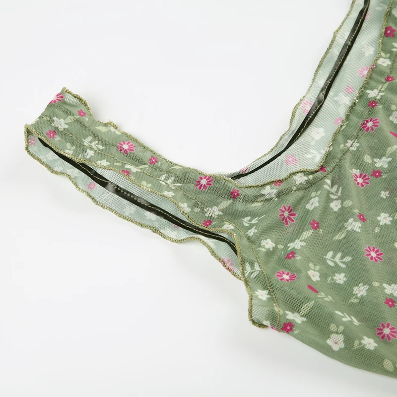 Camiseta sin mangas de malla transparente con estampado floral para mujer, camiseta de verano ajustada Y2K con cuello cuadrado vintage, camiseta sexy de moda