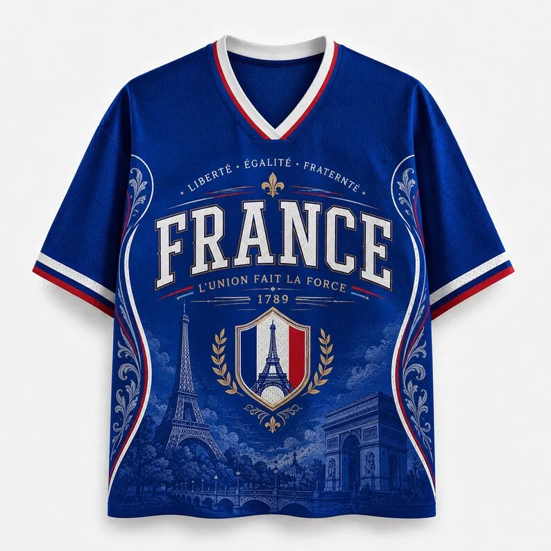 2026 Französische Fan-Uniform Fußball-Print Atmungsaktives V-Ausschnitt Mesh Fußball-T-Shirt – Ein Must-have für Fans
