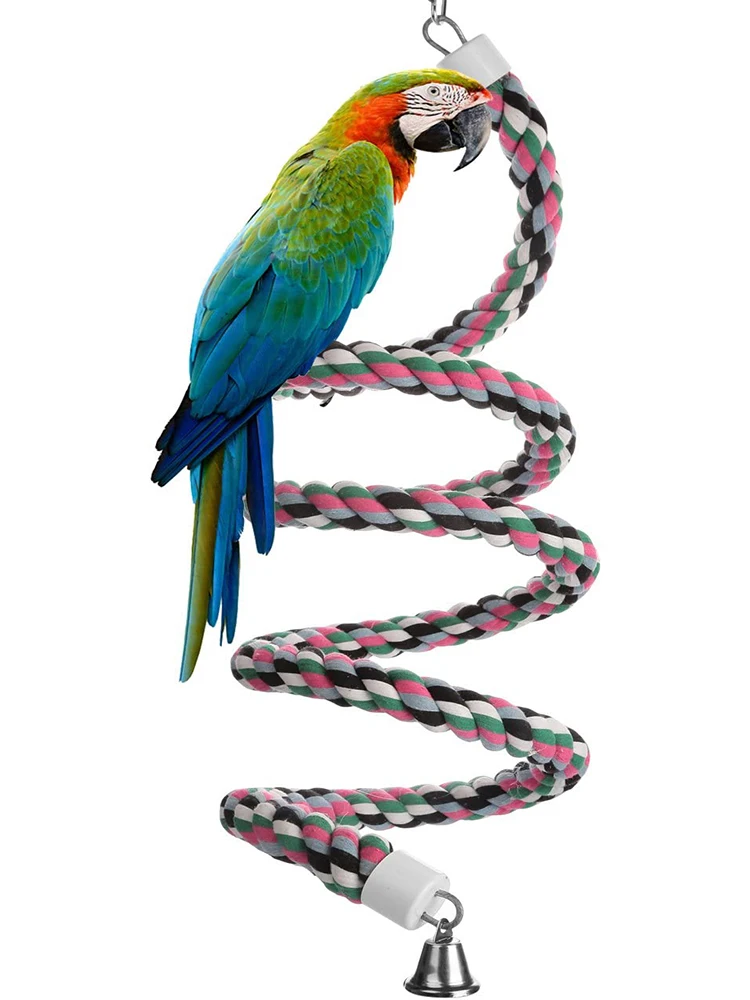 2.4Metre Long Bird Spiral Rope Perch, Cotton Parrot Swing Climbing Standing Toys with Bell Bungee Parrot Toy