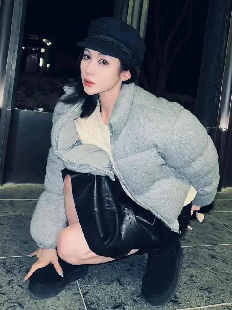 Korean Style High-end Short Gray Cotton Parkas Loose  Warm Thickened Stand Collar Outwear 2023 New Winter Coat Women 6
