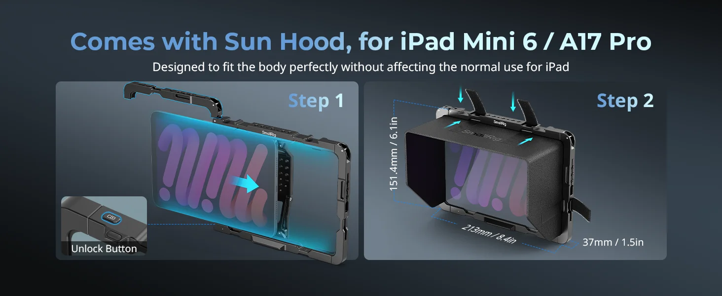 SmallRig Cage für iPad mini 6/A17 Pro mit abnehmbarer Klettverschluss-Sonnenhaube, kompatibel mit Schnellverschluss-Griffen -MD5058 – Detail 2