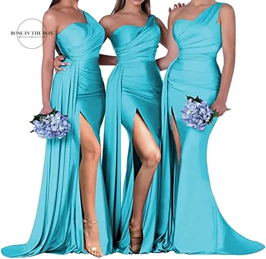 Women's One Shoulder Mermaid Satin Bridesmaid Dresses with Slit Elegant Pleated Long Formal Evening Party Gowns Customized