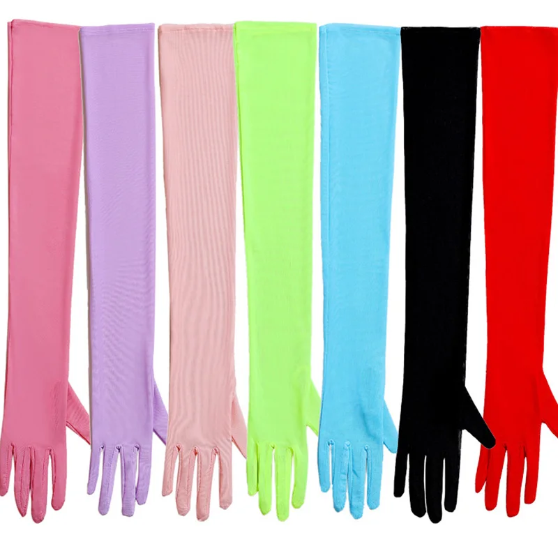 55CM High Elasticity Black Mesh Transparent Sun Protection Ice Silk Long Gloves Women Summer Sunscreen Lace Wedding Dress Bride