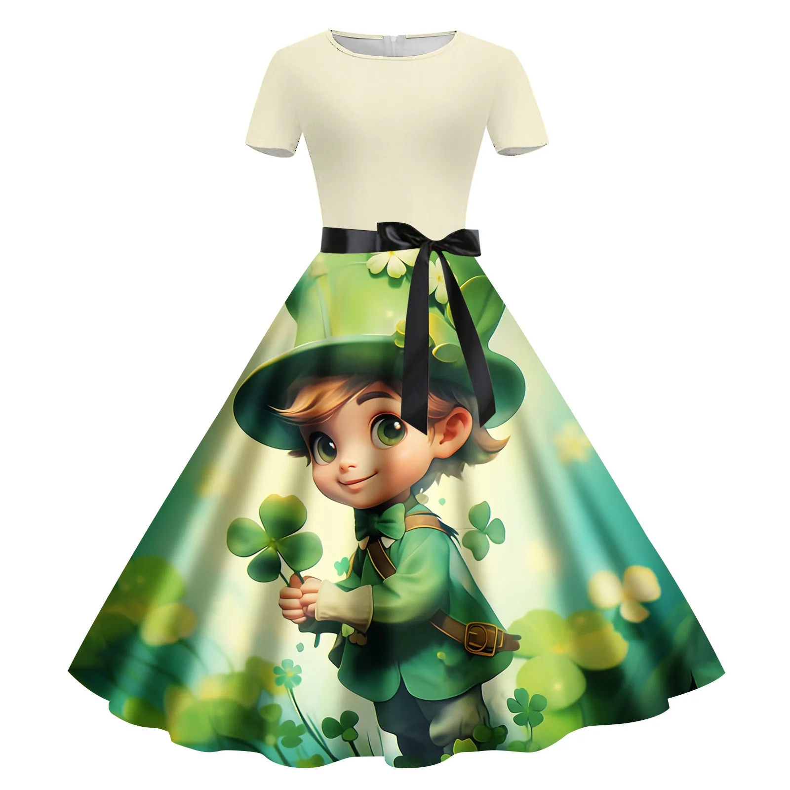 

2024 Women's Fashion Carnival Printed Round Neck Short Sleeve Retro Casual Dress (3) Summer Dresses for Women Beach