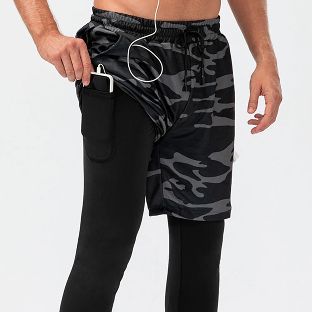 Men's camouflage sports pants fake two-piece double-layer multi pocket high elasticity quick drying sweat wicking fitness pants