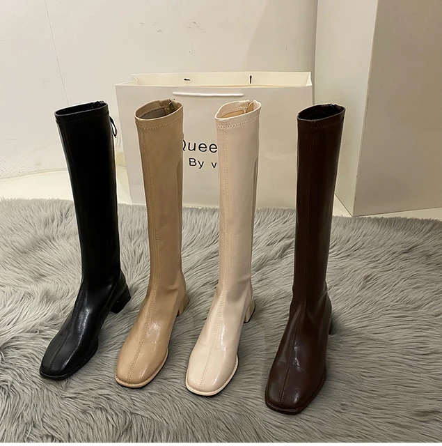 2022 Women Knight Knee-high Boots Square Heel Ladies Zippers Boots Women Fashion Winter Boots Botas Mujer Invierno