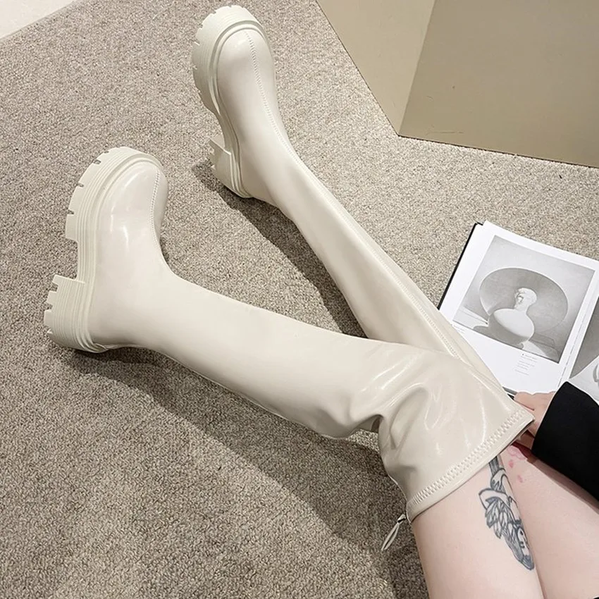 2024 NEW Shoes Woman High Heels Platform Leather High Boot Shoe Black Winter Booties Fashion Women Motorcycle Heel Casual Boots