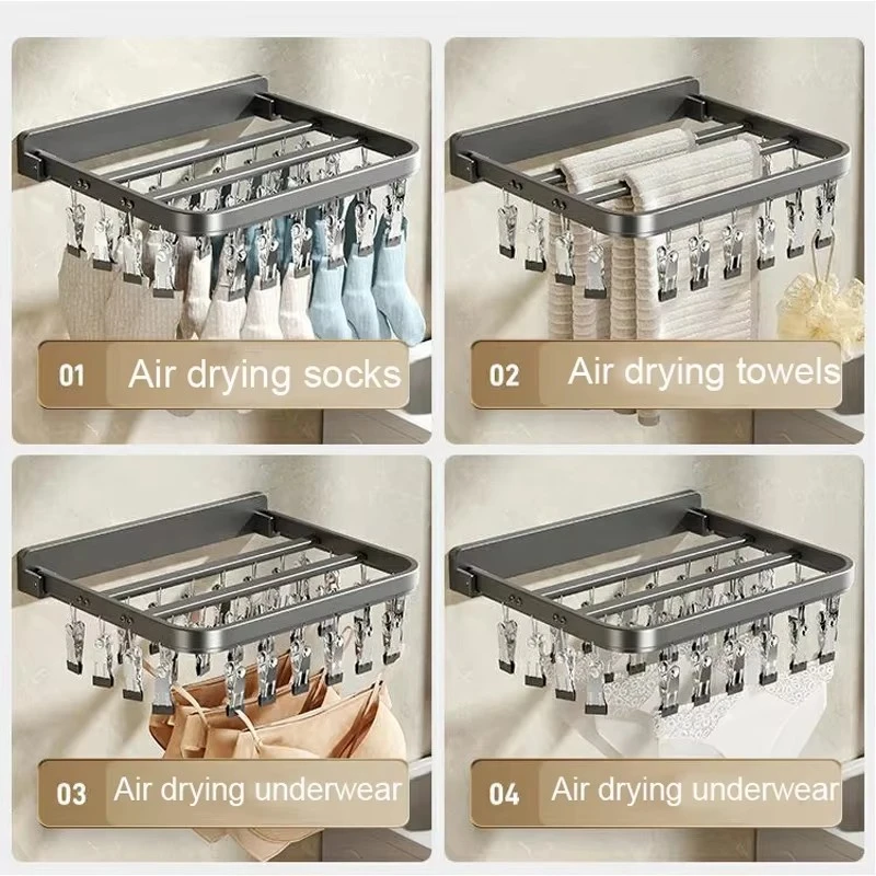 BEISHI Wall Mounted Foldable Aluminum Sock Drying Rack Windproof Clips Clothespin Towel Bra Laundry Hanger Bathroom Accessories 4