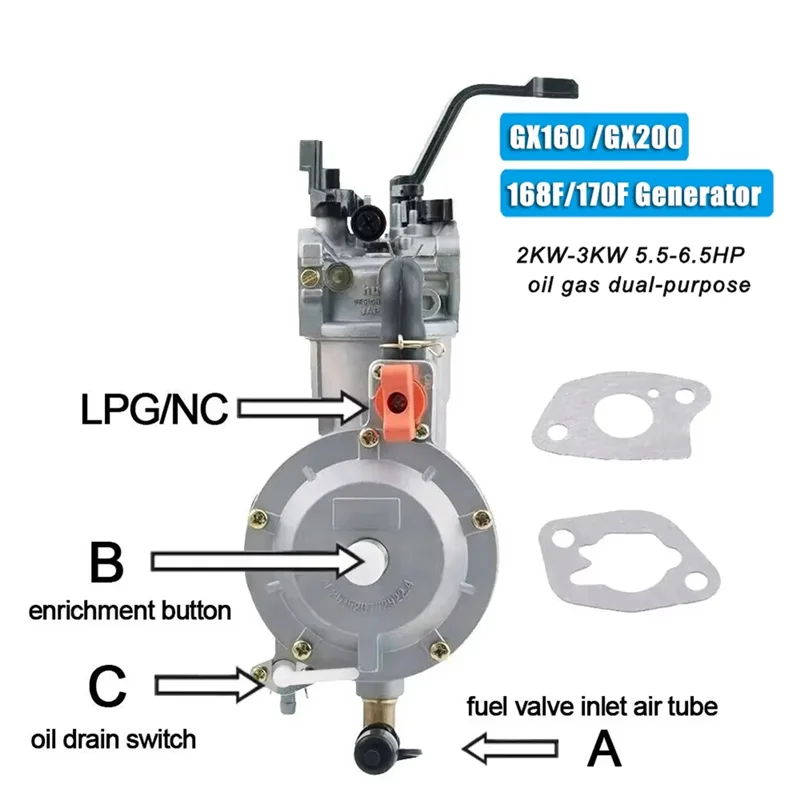 A12R 3KW 168F 170F 가솔린 발전기 LPG 기화기 이중 연료 LPG NC 가스 기화기 개조 키트 (발전기 부품 6.5HP 용)