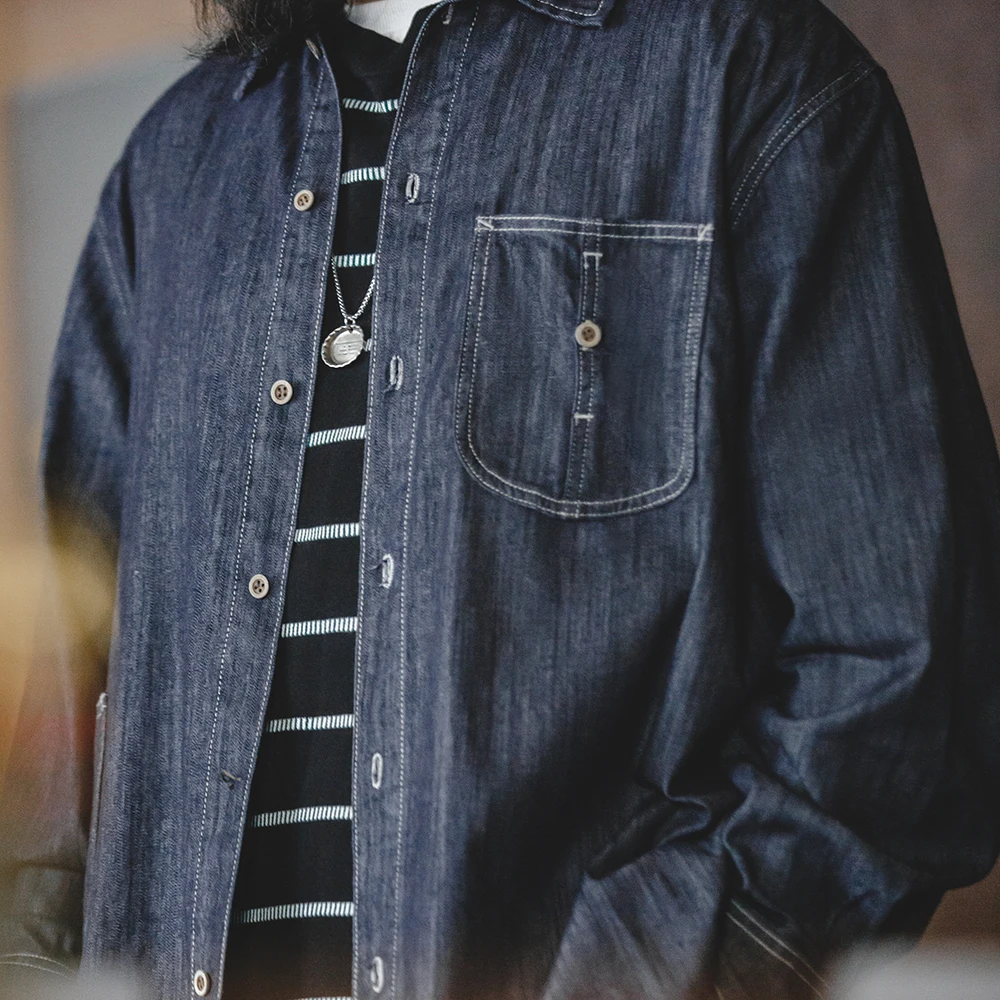 Men's Casual Button Down Long Sleeve Denim Shirt Vintage Washed Pockets Loose Workwear Tops Large Pocket