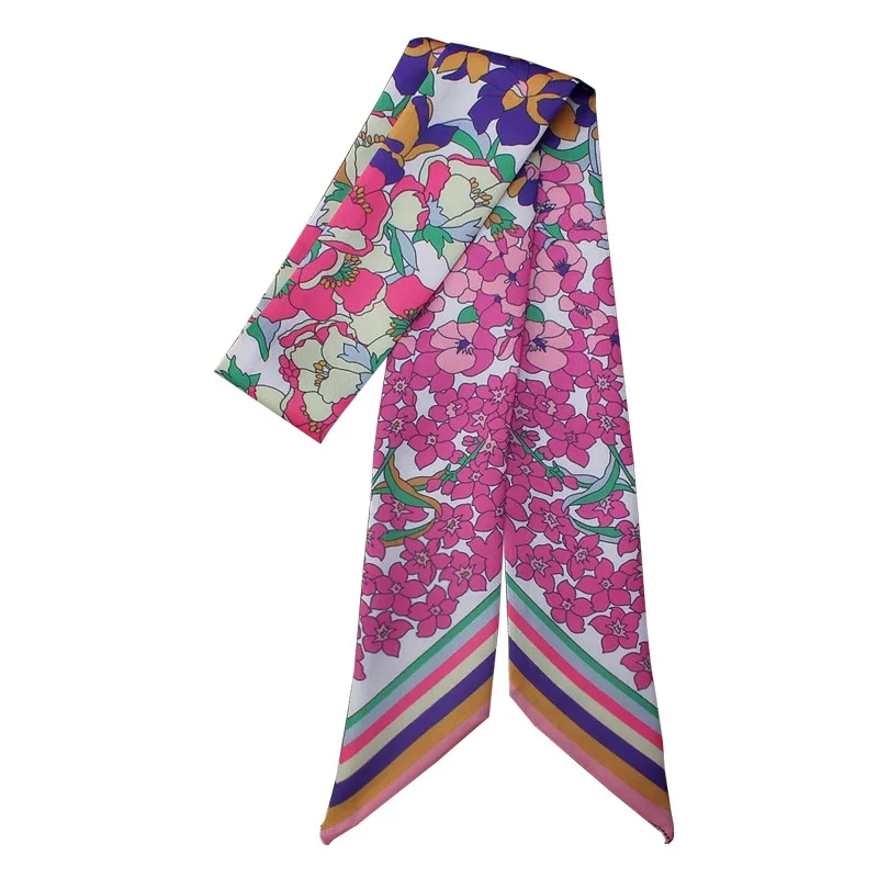 Small Floral Wrap Silk Scarf Variable Stripes Imitated Silk Printed Silk Scarf Women's Small Ribbon Headband Ribbon Scarf 4
