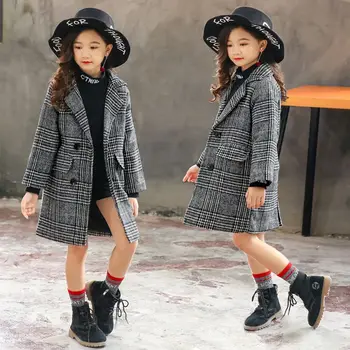 2023 여아용 체크 무늬 울 코트, 더블 브레스트 어린이 겉옷, 가을 두꺼운 겨울 옷, 여아 패션 코트, 6, 8, 10, 12, 14 세