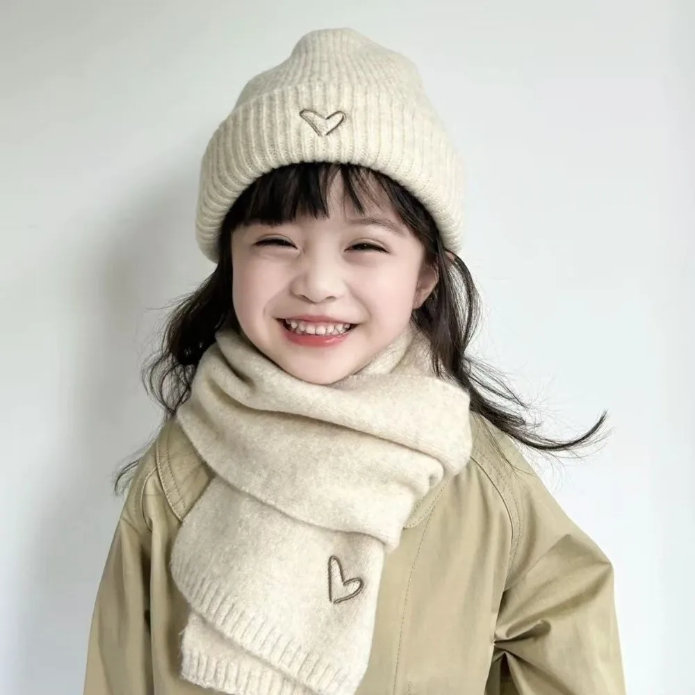 Love Heart Embroidery Knitted Hat Scarf Set Thickened Solid Color Crochet Warm Beanie Cap Korean Style Anti-cold Neck Warmer Set