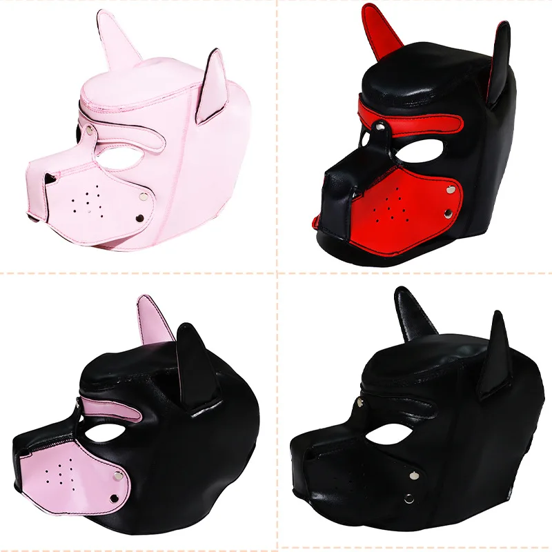 

New Sexy pink Dog Red Dog Cosplay Costumes of Adjustable Puppy Hood Full Face Mask Halloween Role Playing Party Head Masks