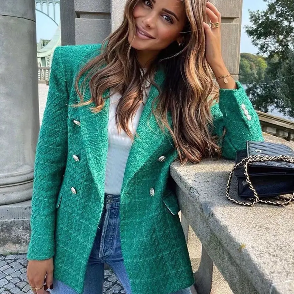 2023 Women Fashion Double Breasted Houndstooth Blazer Coat Vintage Long Sleeve Flap Pockets Female Outerwear Chic Vestes 3