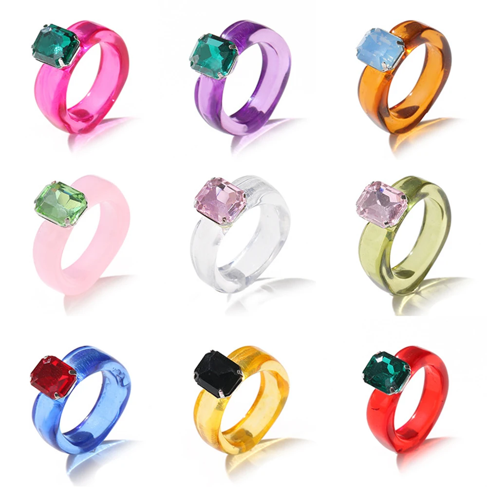Trend Colorful Women's Resin Mood Ring Vintage Simple Acrylic Rings With Rhinestone Geometric Hip Hop Plastic Rings Jewelry finger ring
