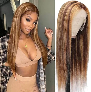 180% Lace Front Wig Human Hair Highlight 13x6x1 Bone Straight Lace Front Wigs 4/27 Colored Honey Blonde Human Hair Wig 1