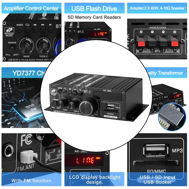 Woopker Sound Amplifier Channel 2.0 HIFI Bluetooth Amp Home Digital Audio 12V3A AK380 AK370 AK280 AK270 AK170 for Car Bass Trebl 2