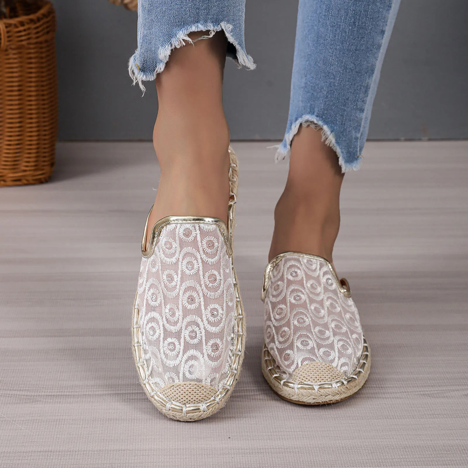 Women Shoes Hemp Canvas Flats Shoes Ladies Espadrilles Loafers Round Toe Cotton Moccasins Outdoor Mules Walking Casual Sandals