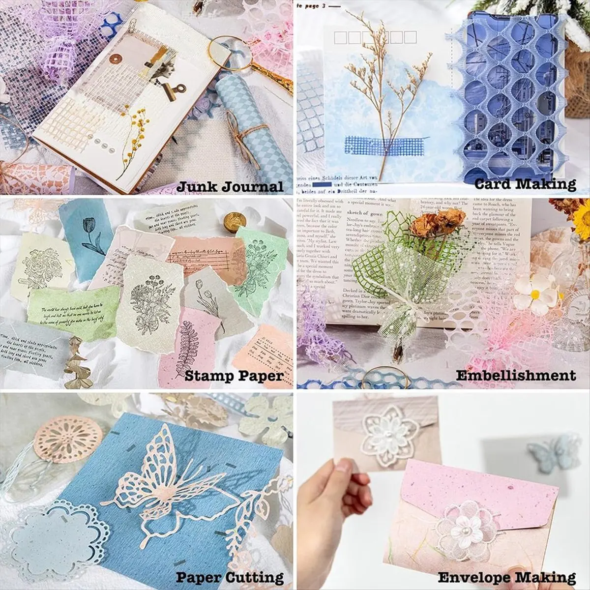 *CLOS Set assortito di 90 fogli di carta per album e tessuto a rete decorativo - Confezione da 6 pezzi di carta speciale mista per scrapbooking,A - immagine 6