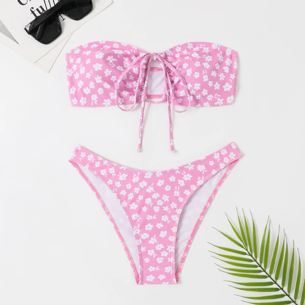 

Sexy Floral Print Bandeau Swimwear Micro Thong Bikinis Set String Lace-up Swimsuit Women Bathing Suit Hollow Out Bather Biquinis