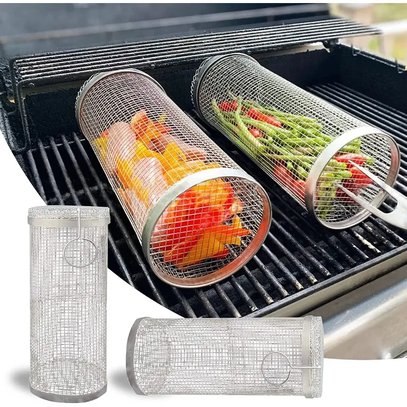 Round BBQ Basket Stainless Steel Rolling Grilling Basket Wire Mesh Cylinder Grill Portable Outdoor Camping Barbecue Rack