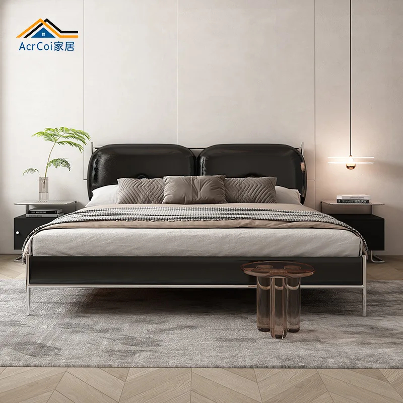 Designer-Bauhaus-Black-Genuine-Leather-Bed-Light-Luxury-Medieval ...