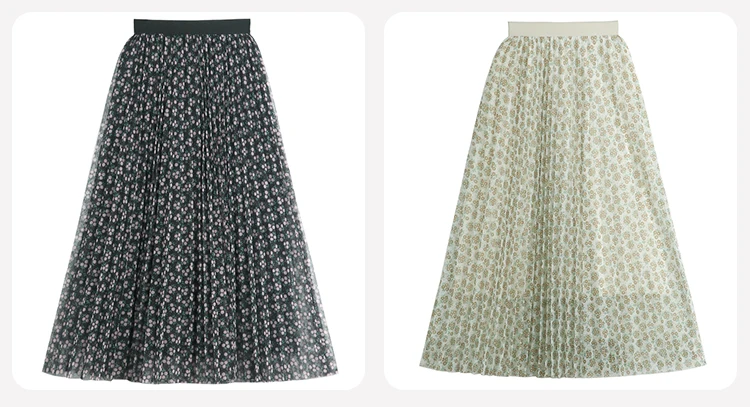 Pleated Printed Mesh Skirt Women's 2022 Spring New High-waisted Thin Mid-length Large Swing Fairy Chiffon Skirt tutu skirt